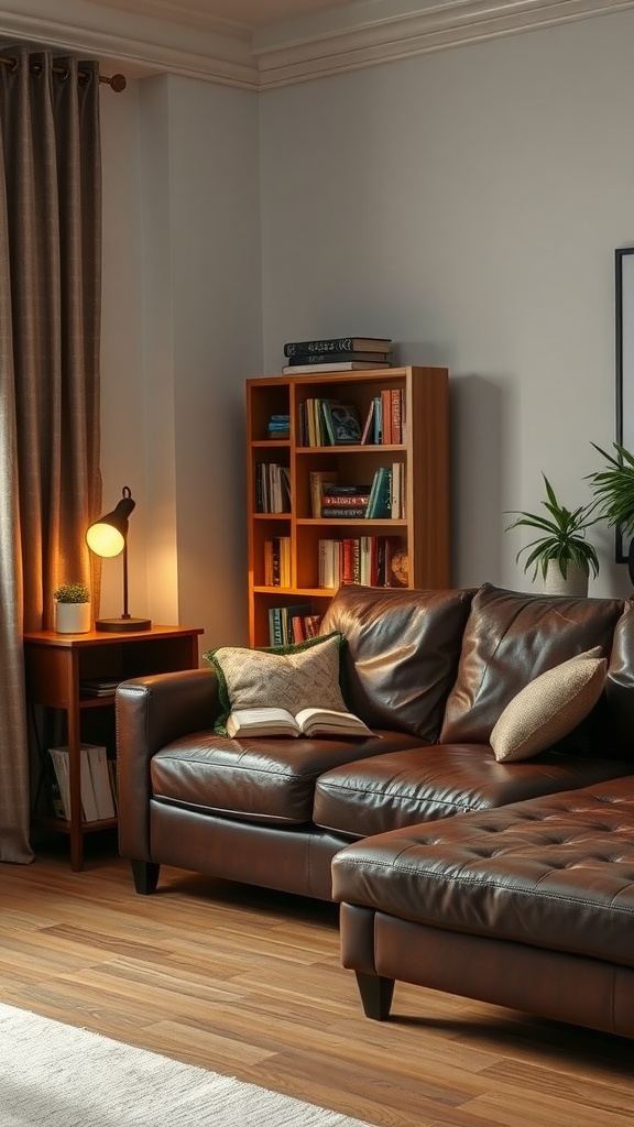 Cozy reading nook with brown leather couch, lamp, bookshelf, and a soft throw.