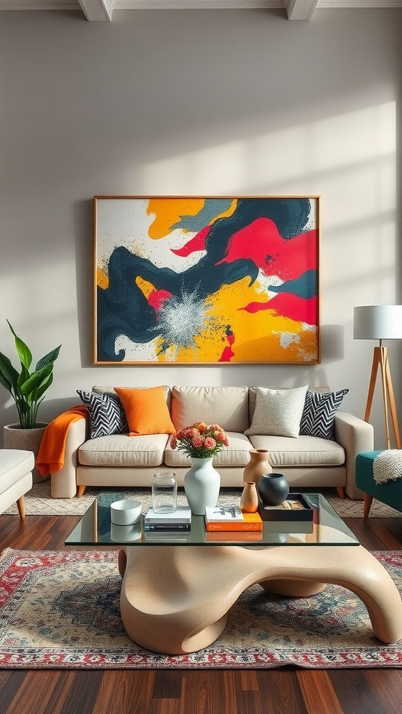 A boho modern living room featuring a vibrant abstract painting, light-colored couch, unique coffee table, and decorative accents.