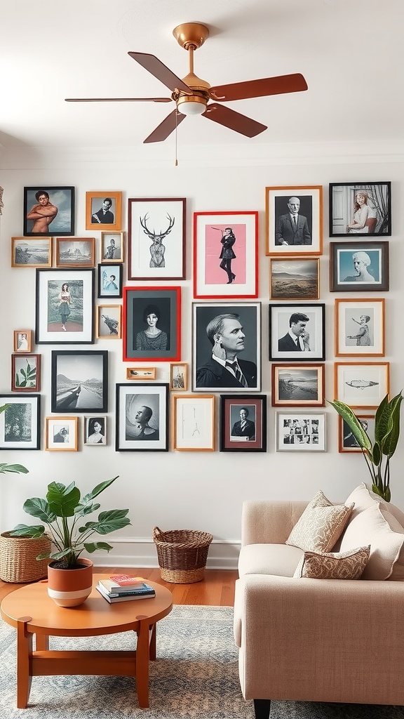 A cozy living room featuring a gallery wall filled with various framed artworks and photographs.