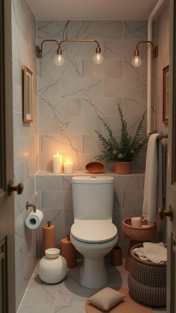 A small, stylish bathroom featuring soft lighting, candles, plants, and natural decor elements