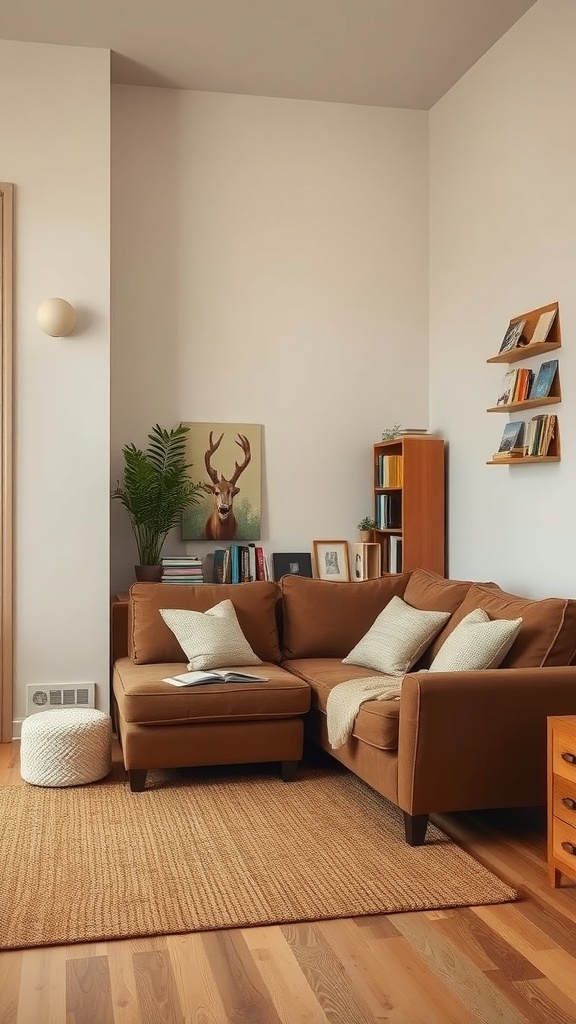 Cozy living room with a brown couch, bookshelves, and a warm atmosphere