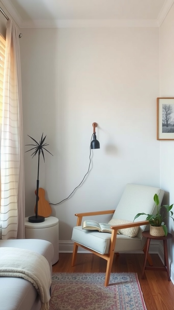 Cozy corner nook with a chair, lamp, small table, and plant in a small living room