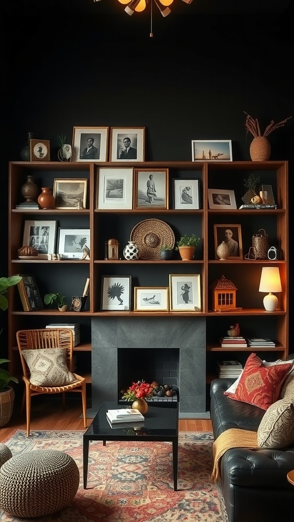 Dark boho living room with creative shelf displays featuring framed photos, pottery, plants, and a cozy atmosphere.