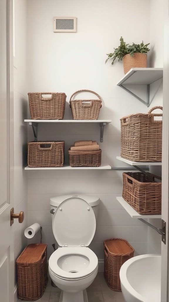 A small bathroom with shelves filled with wicker baskets for organized storage, featuring a toilet and a small plant.