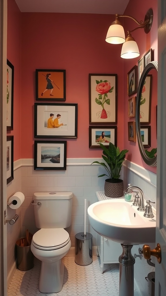 A small bathroom decorated with colorful wall art, featuring a pink wall and a plant near a sink.