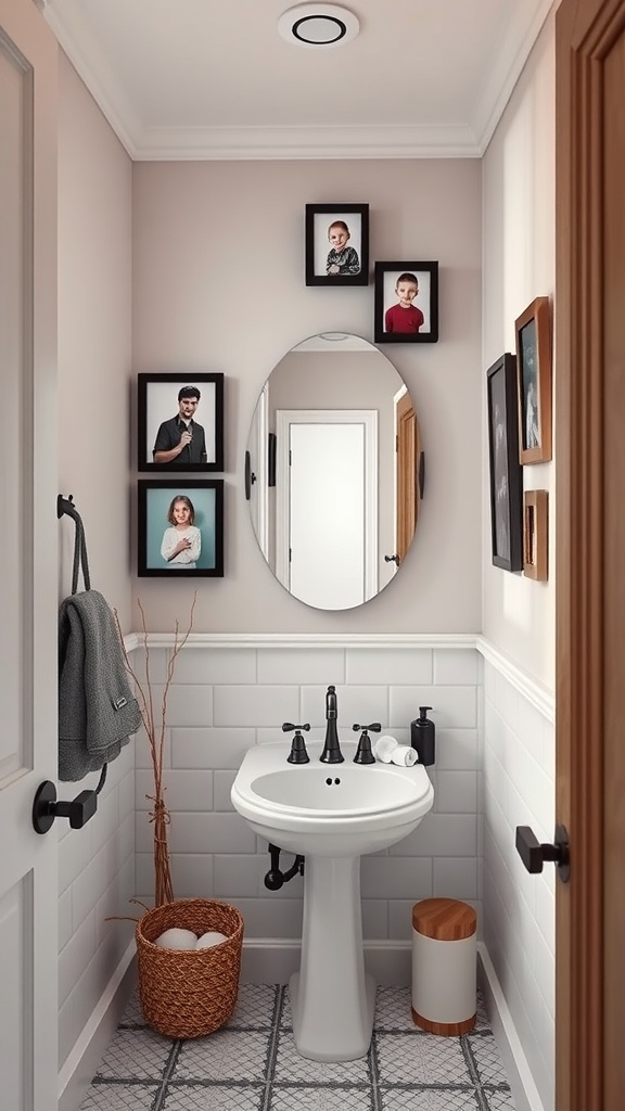 A stylish bathroom with custom family portraits framed on the wall, featuring an oval mirror and modern fixtures.