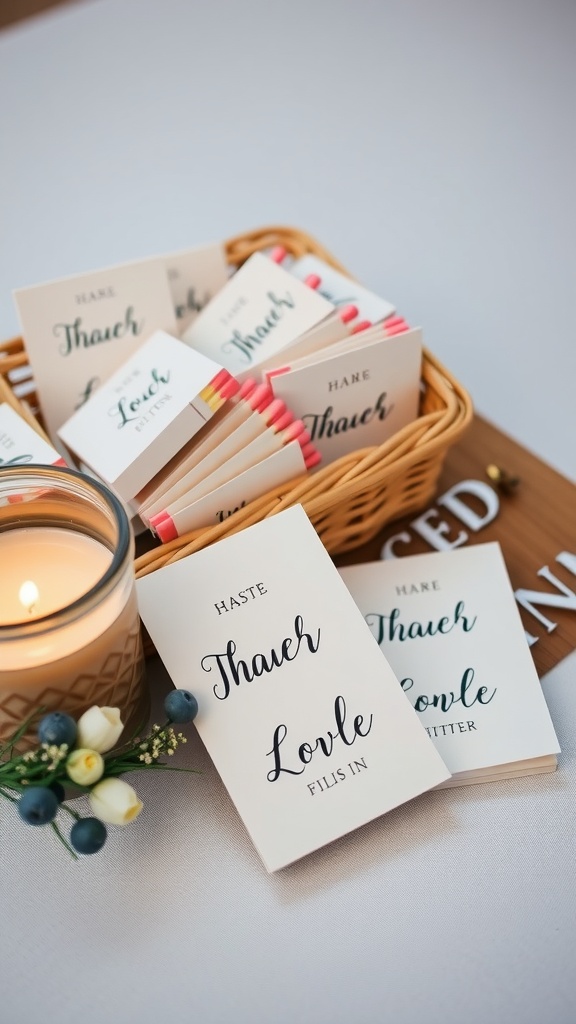 Customized matchbooks displayed in a basket with candles and decorative elements.