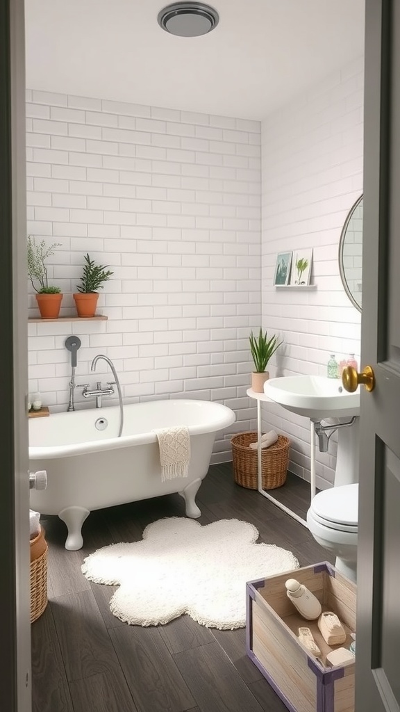A cozy bathroom featuring a flower-shaped bath mat, a white bathtub, and plants, creating a warm and inviting atmosphere.