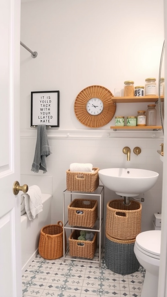 A small bathroom with organized storage solutions, featuring woven baskets, open shelving with jars, and wall decor.