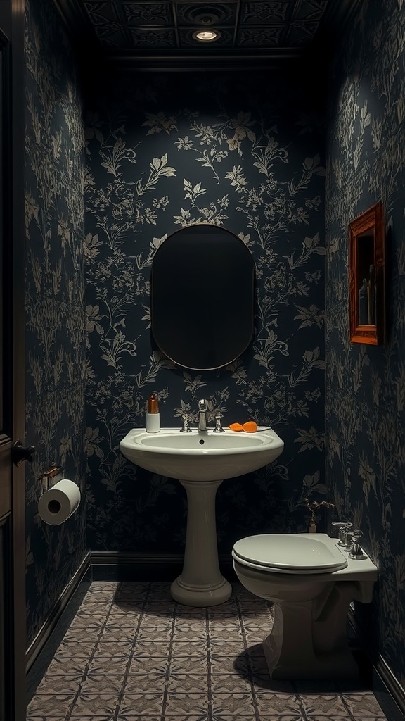 A vintage bathroom with dark floral wallpaper, a white pedestal sink, and elegant fixtures.