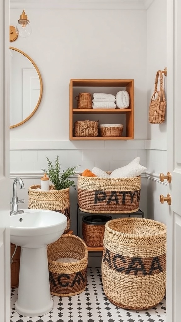 A small bathroom featuring woven baskets for storage, a wooden shelf with towels, and a mirror.