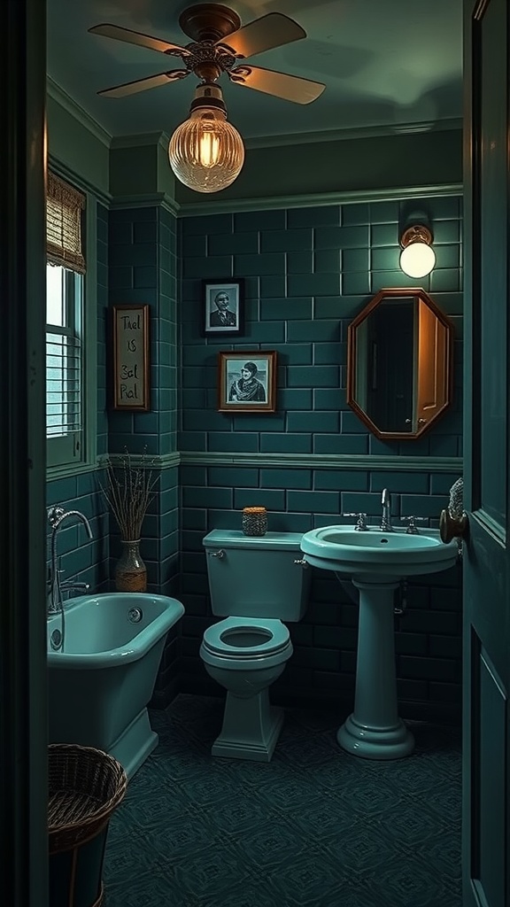 A vintage bathroom featuring deep green tiles, classic fixtures, and warm lighting.