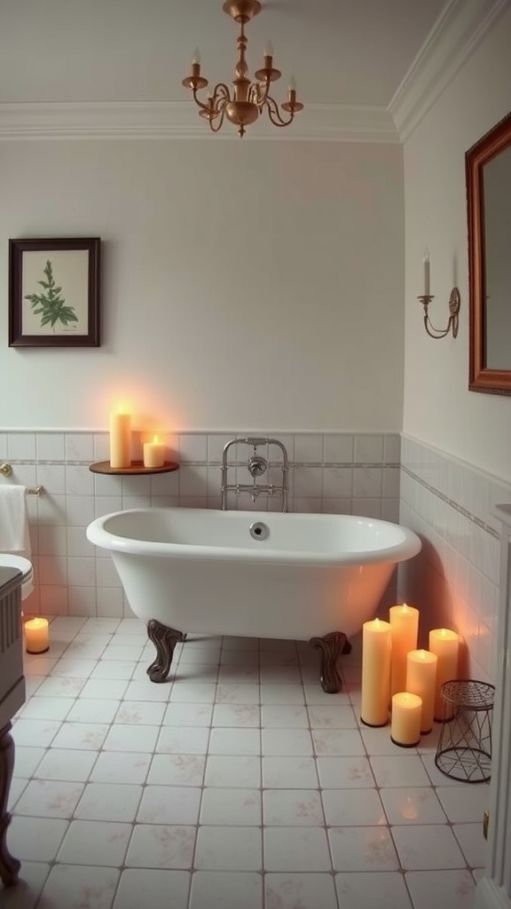 A vintage bathroom featuring a deep soaking tub surrounded by candles, creating a relaxing atmosphere.