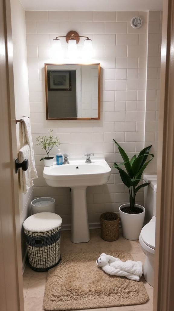 A cozy small bathroom featuring a soft rug in front of the sink, plants, and warm lighting.