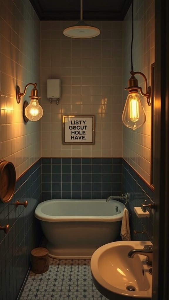 A vintage-style bathroom with dimmed Edison bulbs providing warm lighting.