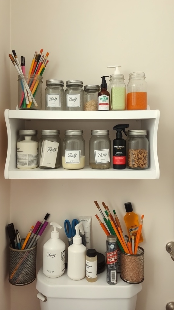 Neatly organized mason jars and beauty products on a shelf above a toilet