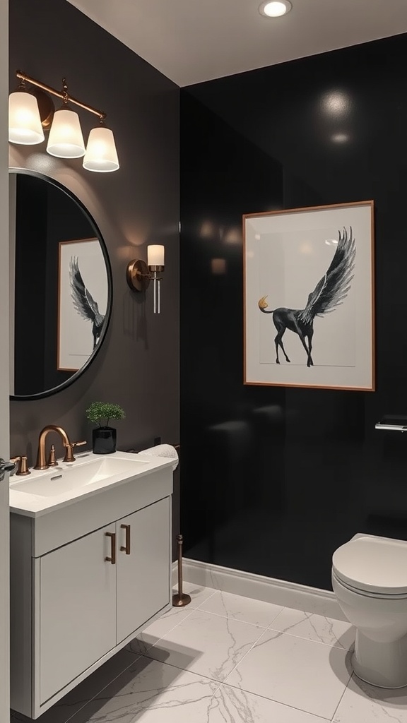 Elegant bathroom with a dramatic black accent wall, featuring stylish fixtures and decorative artwork.