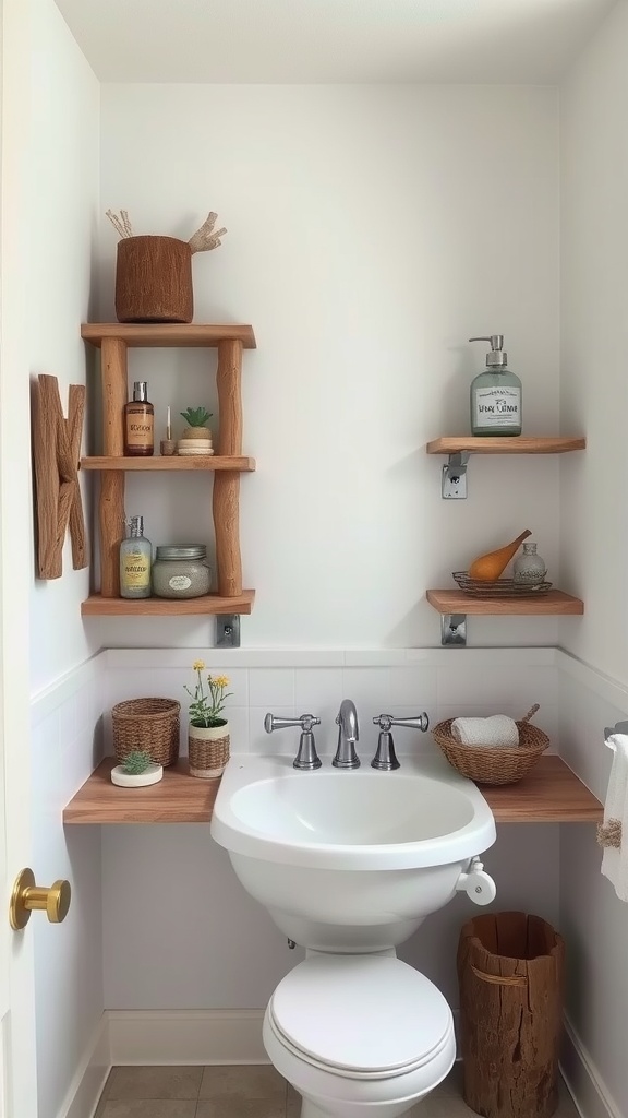 A chic bathroom with driftwood shelves holding plants and toiletries, featuring a white basin and natural decor.