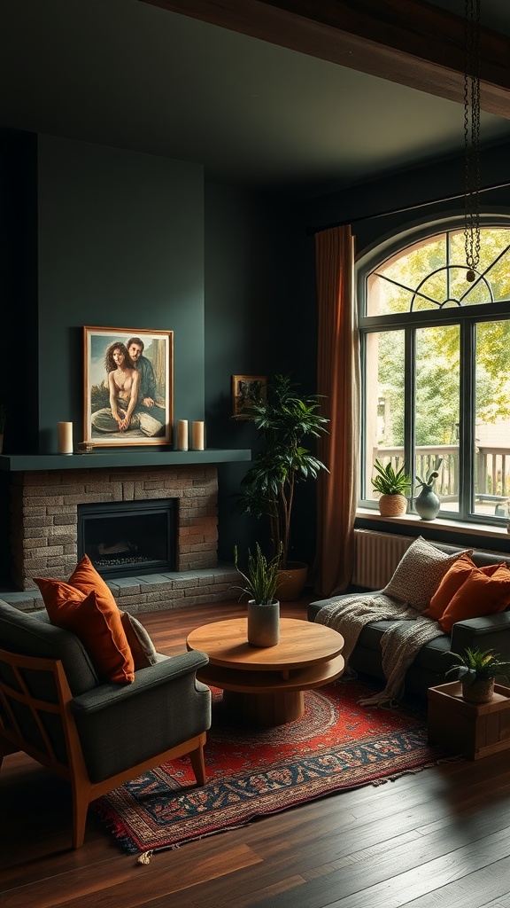 A dark boho living room featuring earthy tones, plants, and warm lighting.