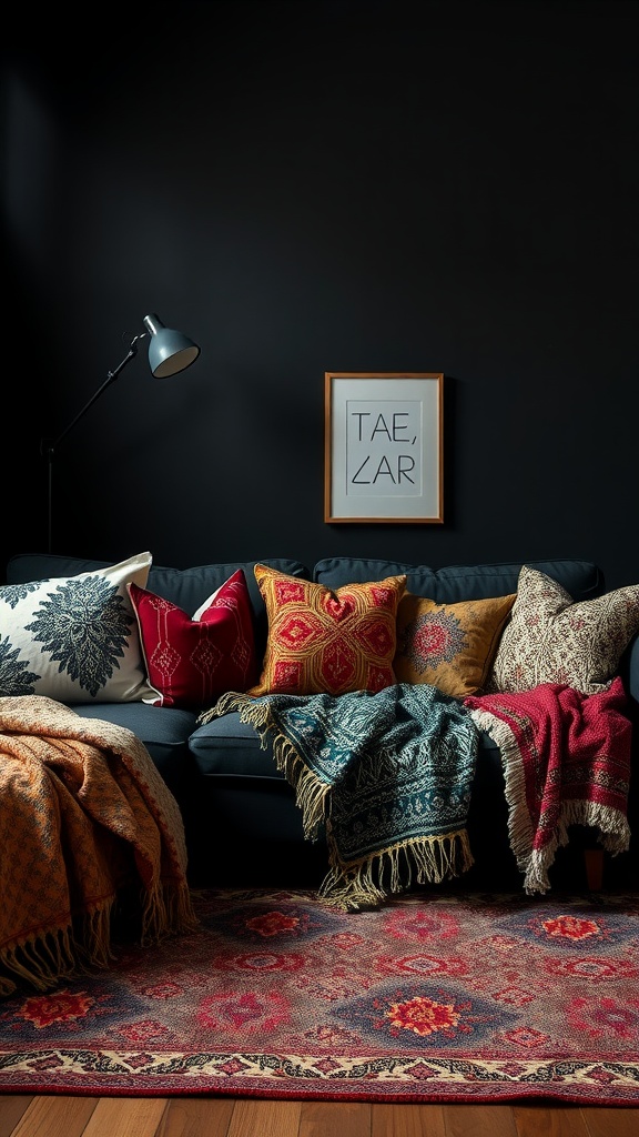 A cozy dark boho living room featuring a sofa adorned with eclectic throw pillows and blankets, creating a warm and inviting atmosphere.