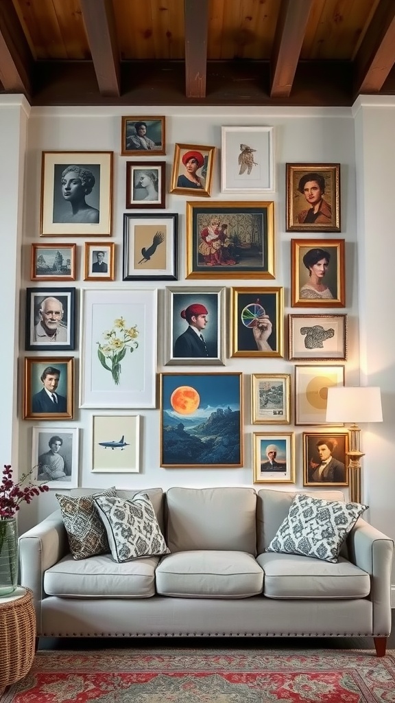 An eclectic wall art arrangement with various framed artworks above a light-colored sofa.