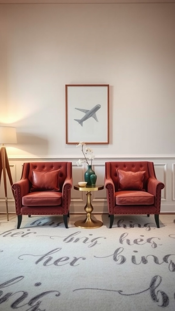 Two burgundy accent chairs with a gold side table and a lamp in a stylish living room.
