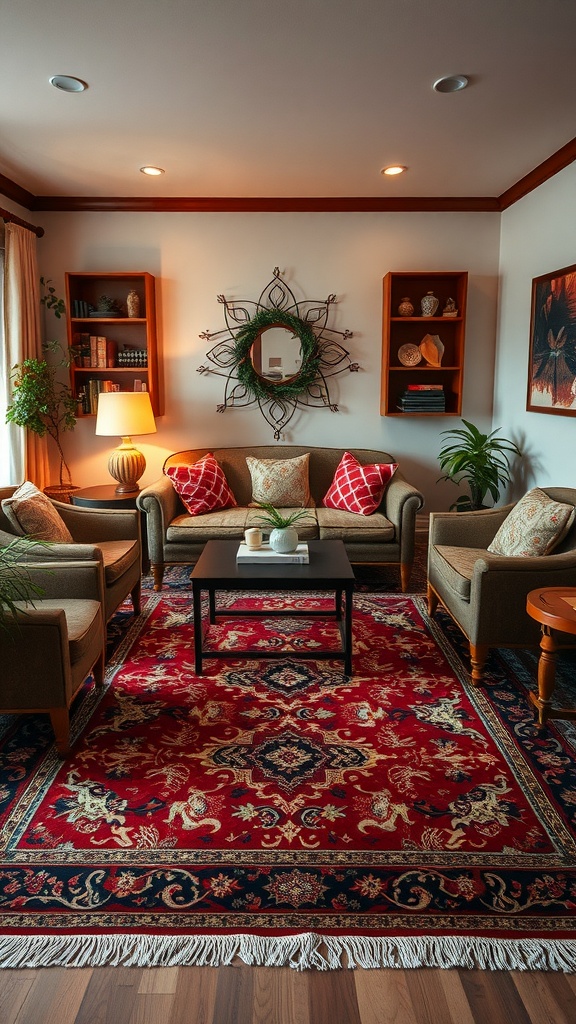 Cozy living room with a rich patterned area rug, comfortable seating, and warm lighting.