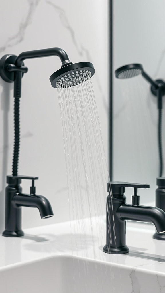 A modern black showerhead and faucet in a stylish bathroom setting.