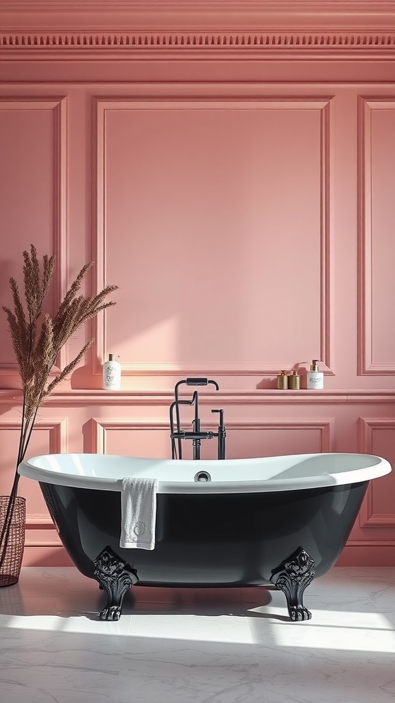 A black freestanding bathtub with ornate feet against a pink wall, featuring a decorative plant and simple accessories.