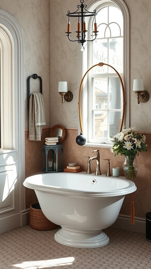 Elegant bathroom featuring a freestanding sink, warm lighting, and floral decor.