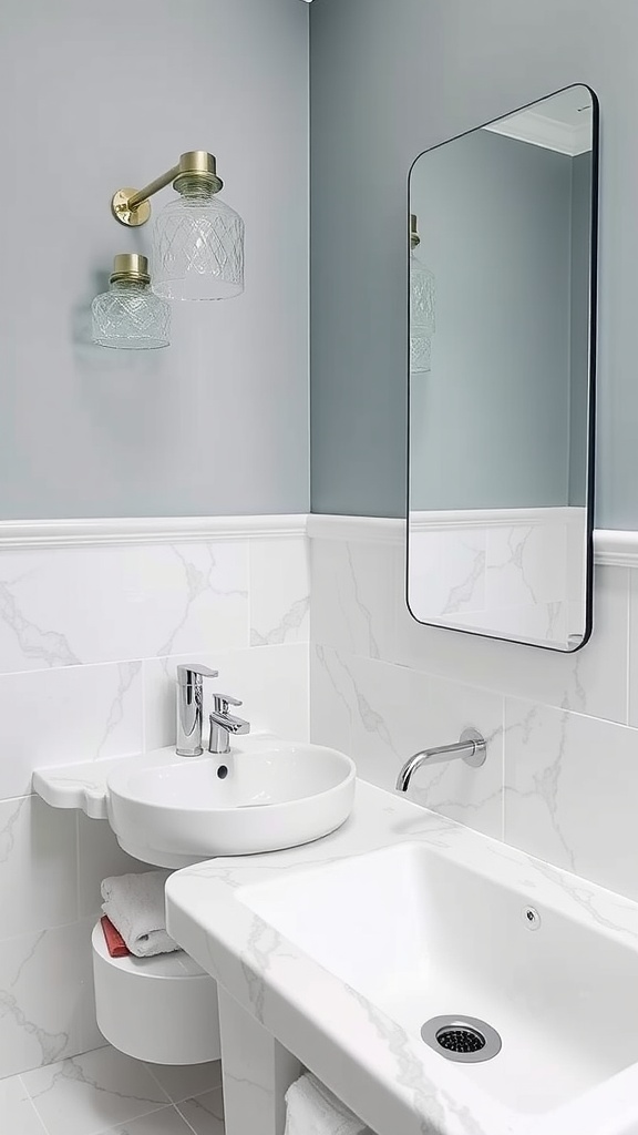 A modern bathroom with glass and metal fixtures, featuring a wall-mounted light and a sleek mirror.