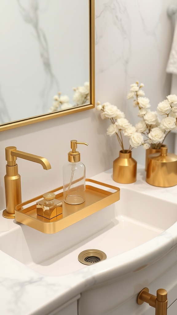 A modern bathroom sink with gold accent pieces, including a faucet, soap dispenser, and decorative vases, set against a marble backdrop.