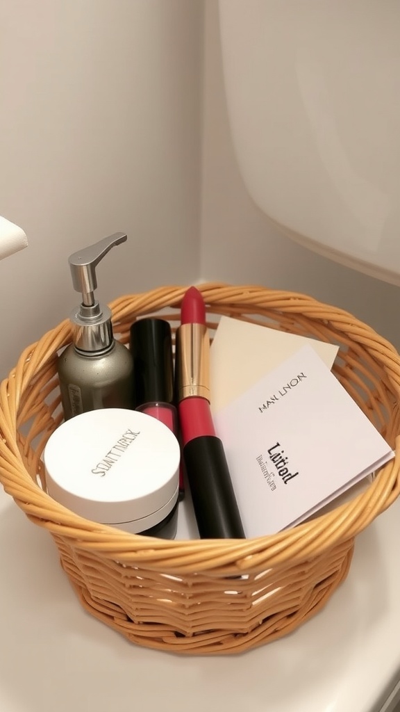 A wicker basket filled with makeup supplies including lipsticks and a moisturizer, placed beside a toilet.