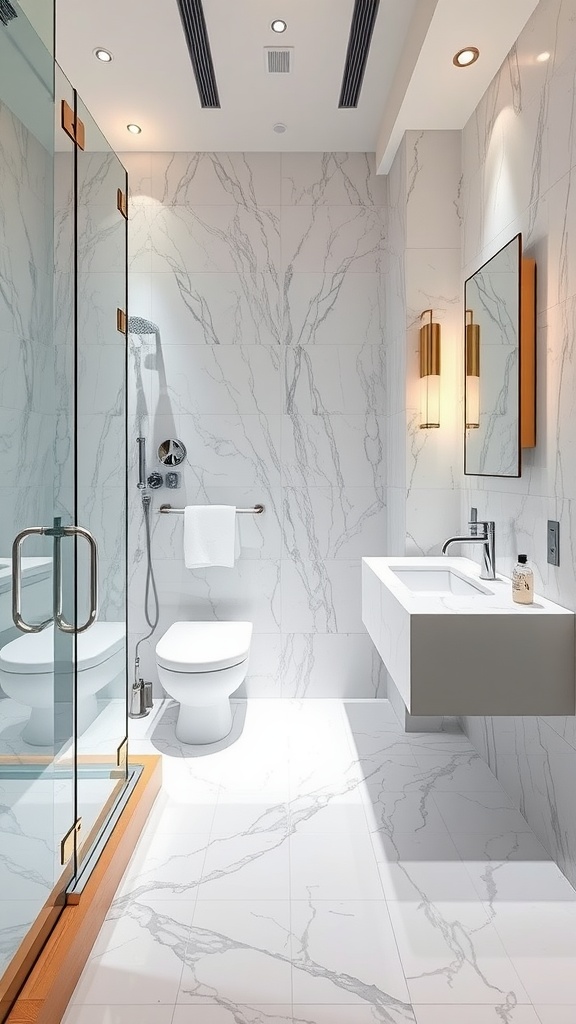 A modern bathroom featuring marble tiles on walls and floor, with a glass shower enclosure.