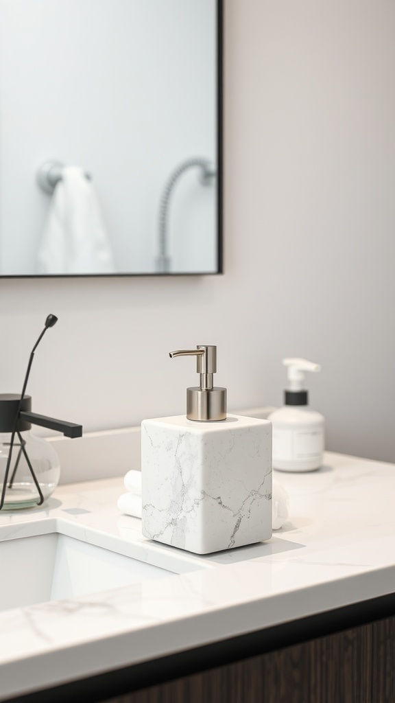 A stylish marble soap dispenser on a bathroom counter, exuding elegance and modern design.
