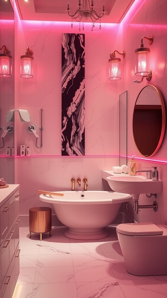 A stylish bathroom featuring pink lighting, a chandelier, and modern fixtures.