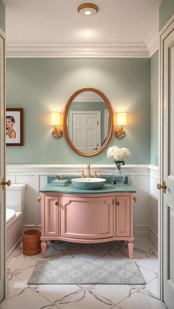 Elegant pink vanity with green countertop in a stylish bathroom
