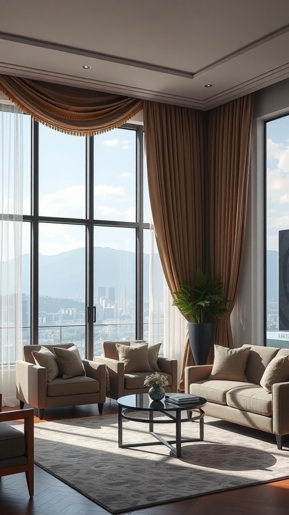 Elegant living room with large windows, luxurious curtains, and modern furniture.