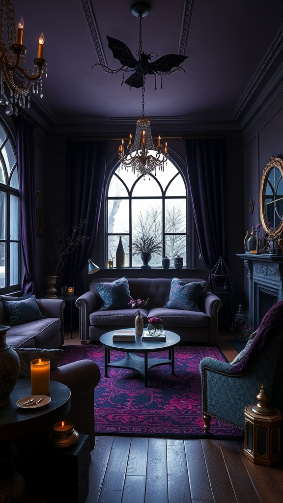 A witchy living room featuring rich purple tones, plush seating, a bat chandelier, and warm candlelight.