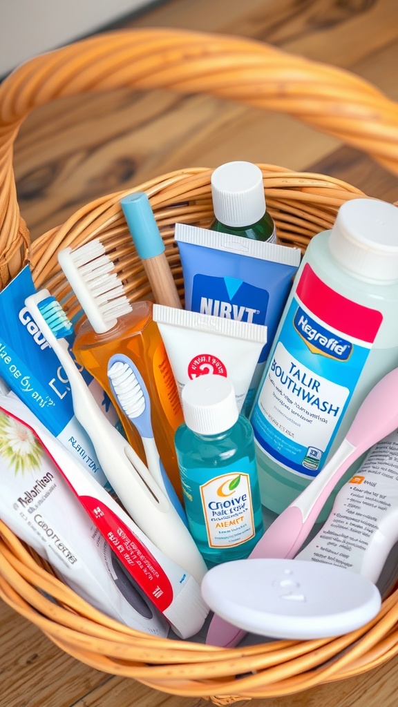 A wicker basket filled with various toiletries including toothpaste, mouthwash, toothbrushes, and more.