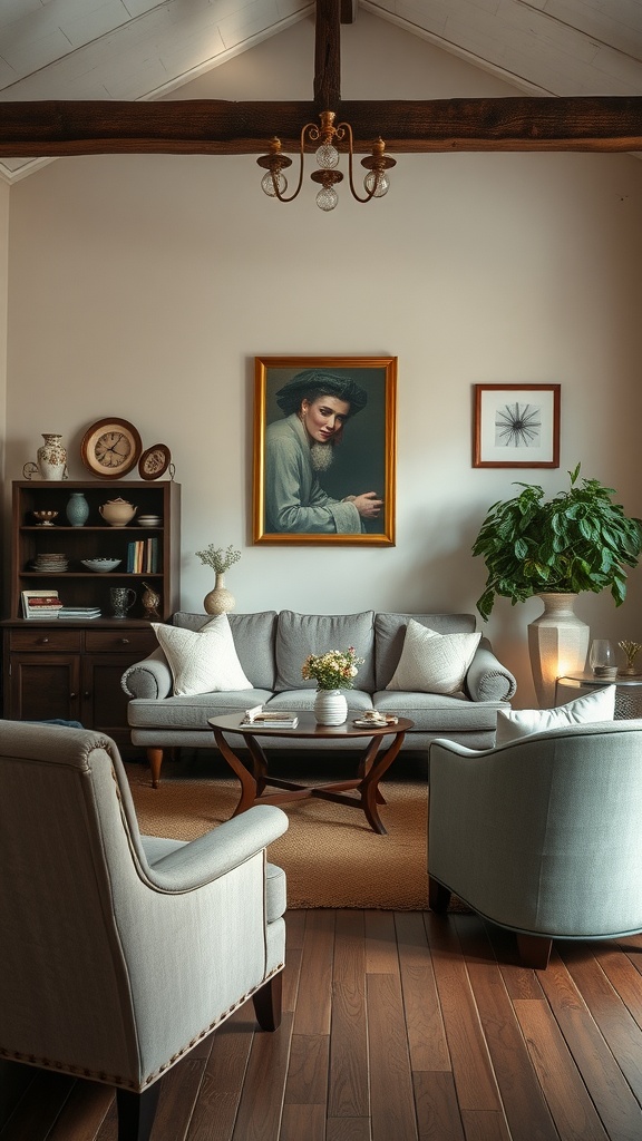A cozy living room with gray furniture, artwork on the walls, and natural light