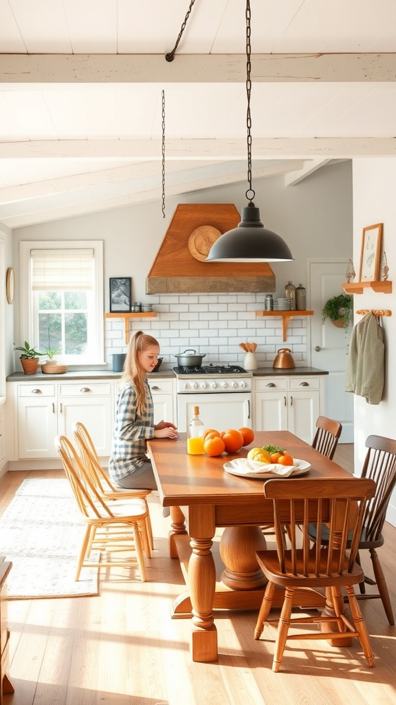 A cozy country cottage kitchen with a wooden dining table, surrounded by chairs, and a young woman sitting at the table.