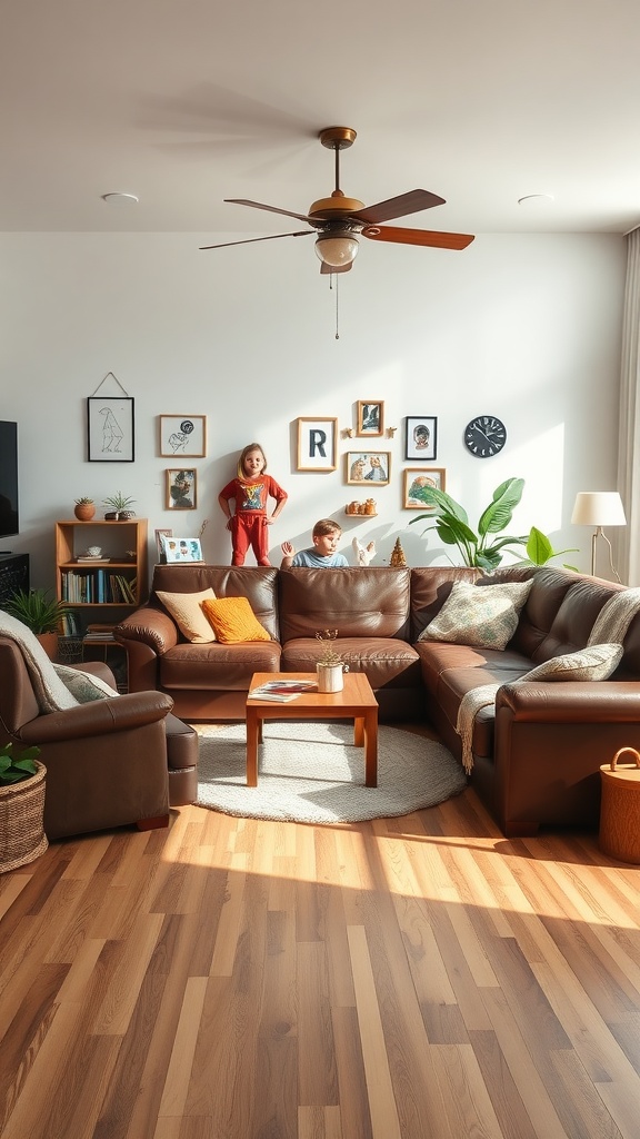 Cozy family-friendly living room with a brown leather couch, children playing, and stylish decor.