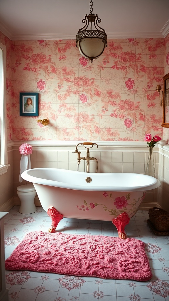 A pink bath mat with floral design in a pink-themed bathroom