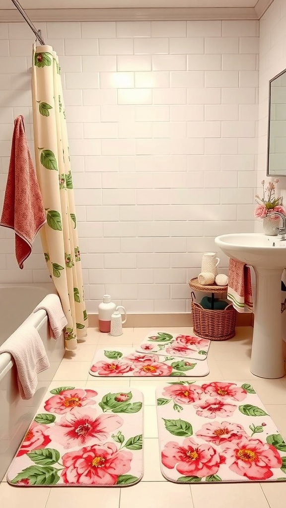A bathroom featuring floral shower mats in pink and green, complemented by a matching shower curtain and towels.