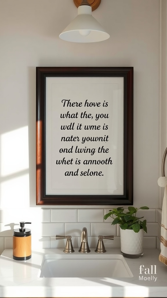 A framed inspirational quote displayed in a bright bathroom setting.