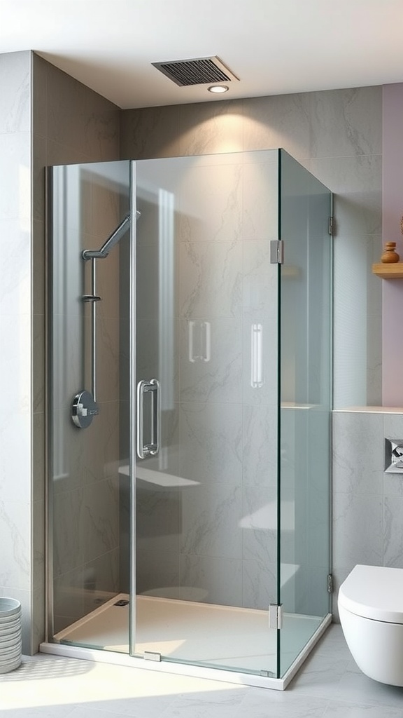 A modern frameless glass shower in a stylish bathroom setting.