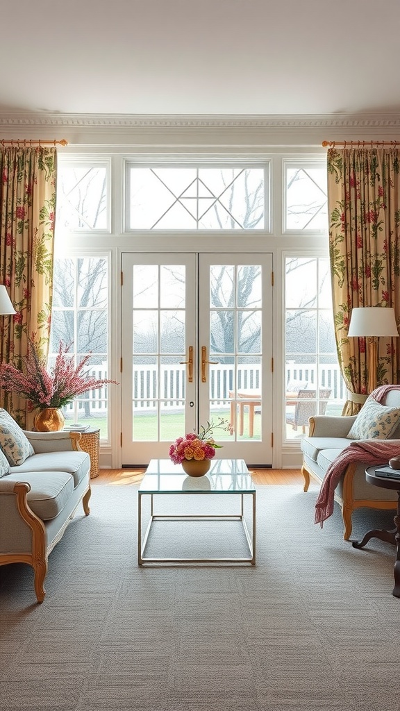 Living room featuring French doors that let in natural light, adorned with floral curtains and cozy furniture.