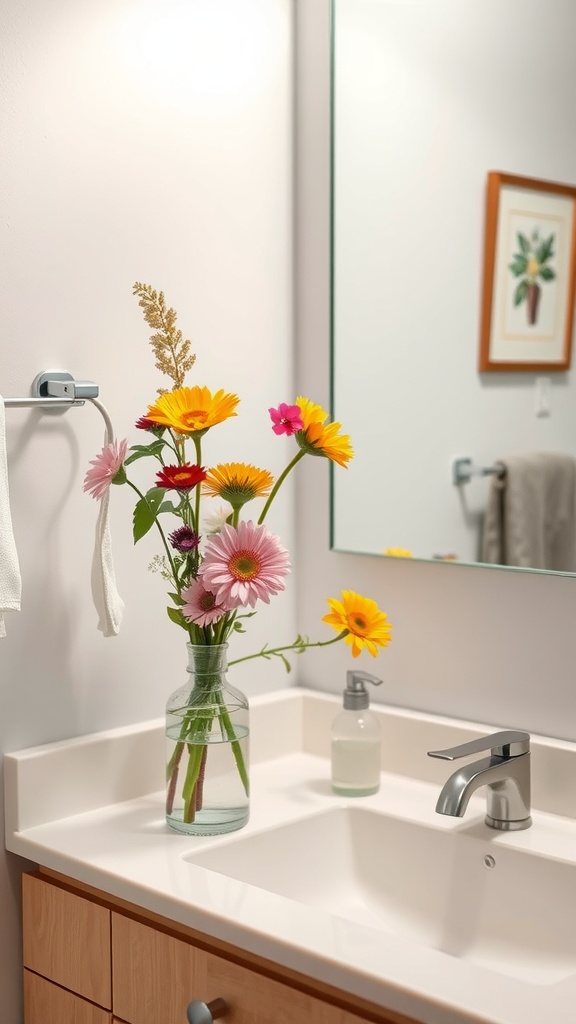 A vibrant flower arrangement in a bathroom vase, featuring daisies and gerbera daisies on a clean countertop next to a mirror.