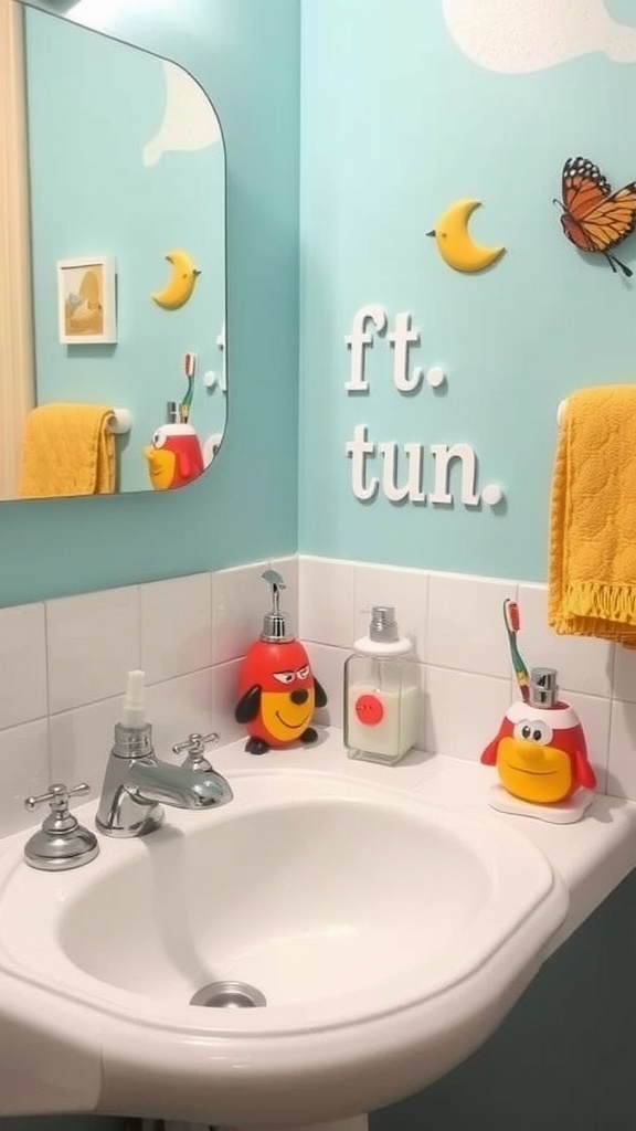 A colorful bathroom with fun themed accessories and cheerful decorations.